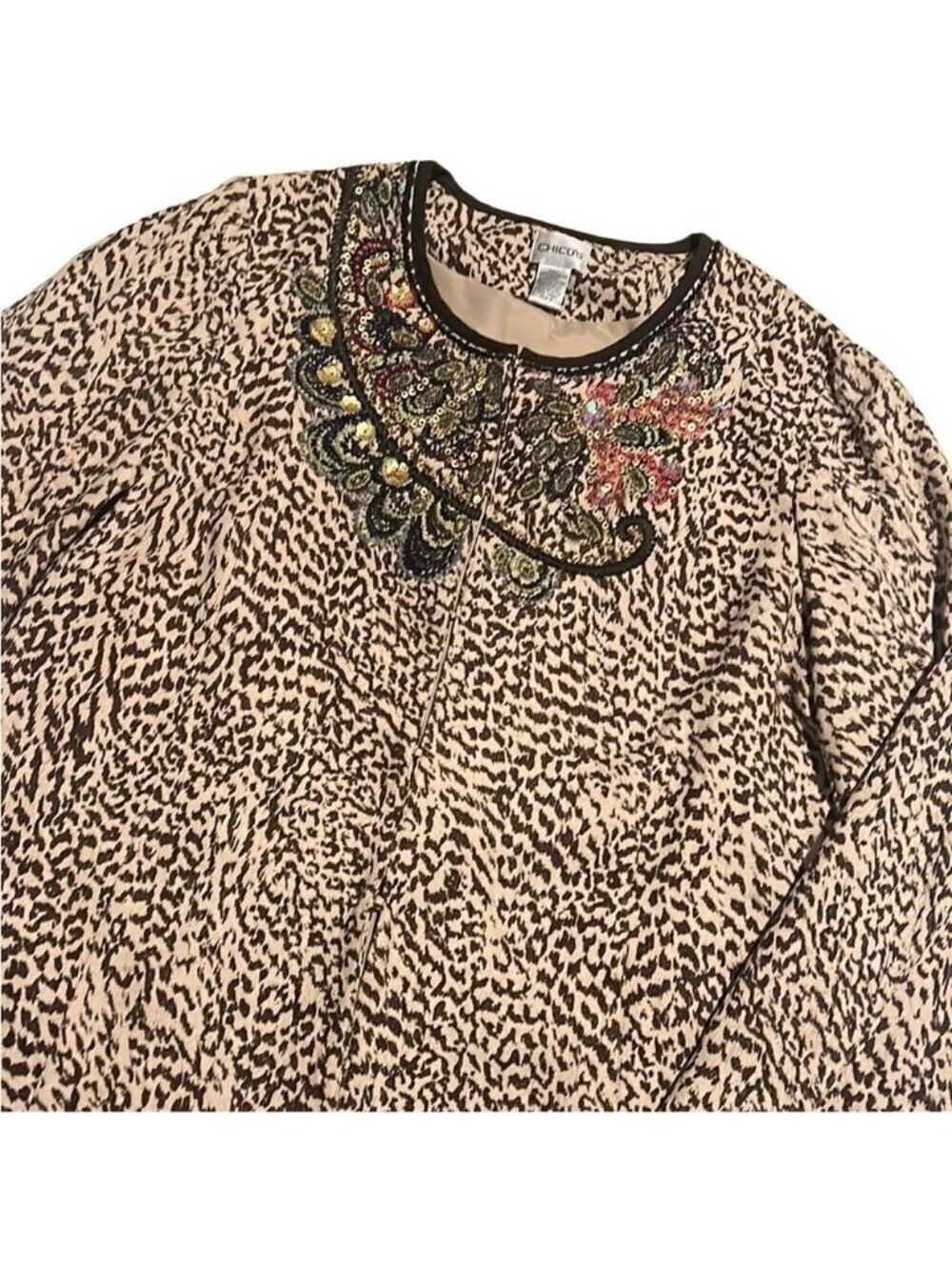 Chico's Sequin Tan Animal Print Sequin Long Sleeves Jacket Size Large